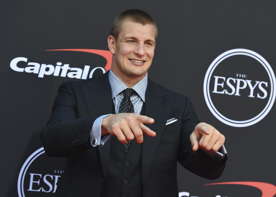 NFL player Rob Gronkowski of the New England Patriots arrives at the ESPY Awards on Wednesday, July 10, 2019, at the Microsoft Theater in Los Angeles. (Photo by Jordan Strauss/Invision/AP)