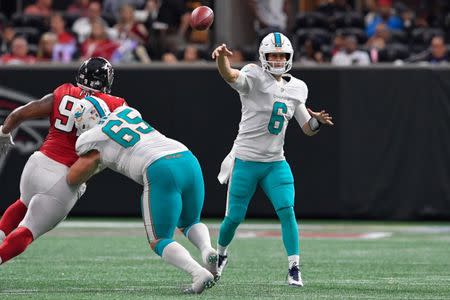 Oct 15, 2017; Atlanta, GA, USA; Miami Dolphins quarterback Jay Cutler (6) passes against the Atlanta Falcons during the second half at Mercedes-Benz Stadium. Mandatory Credit: Dale Zanine-USA TODAY Sports