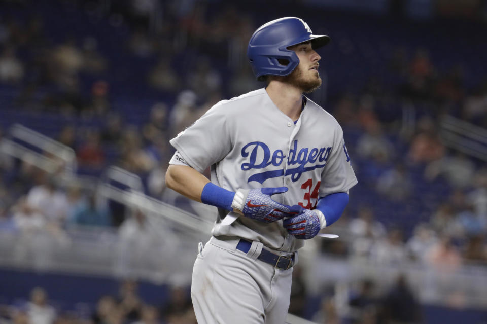 Los Angeles Dodgers' Cody Bellinger draws a walk during the fourth inning of a baseball game against the Miami Marlins, Thursday, Aug. 15, 2019, in Miami. (AP Photo/Lynne Sladky)