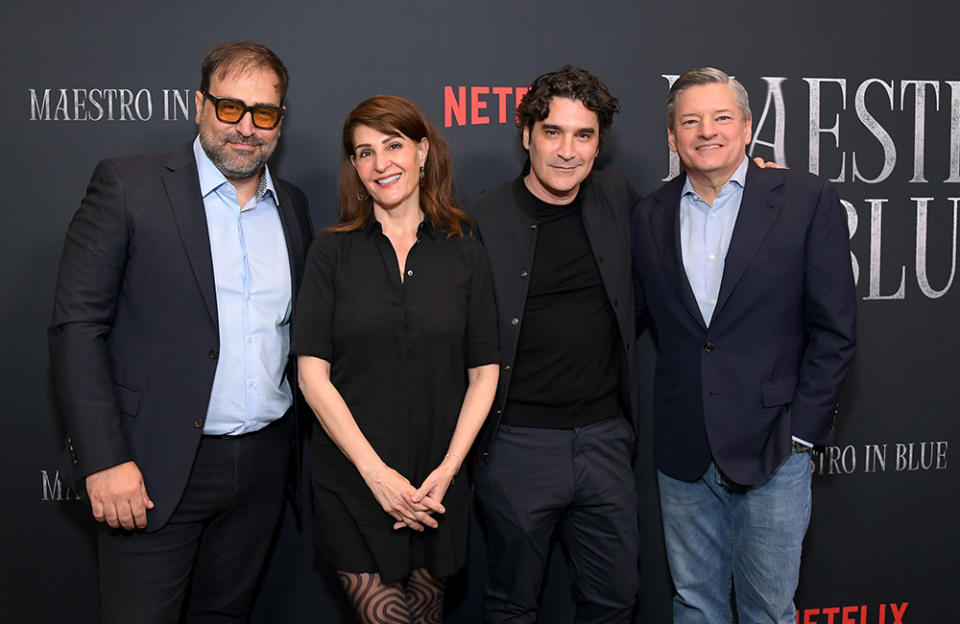 (L-R) Kostas Christides, Nia Vardalos, Christoforos Papakaliatis, and Ted Sarandos, Chief Executive Officer, Netflix attend Netflix's 'Maestro in Blue' Special Screening at The Bay Theater on March 20, 2023 in Pacific Palisades, California.