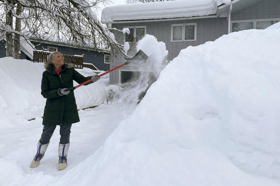 Tamera Flores shovels snow off her driveway, Monday, Jan. 29, 2024, in Anchorage Alaska. (AP Photo/Mark Thiessen)