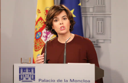 Spain´s Deputy Prime Minister Soraya Saenz de Santamaria makes a statement at the Moncloa Palace in Madrid, Spain, October 10, 2017. REUTERS/Sergio Perez