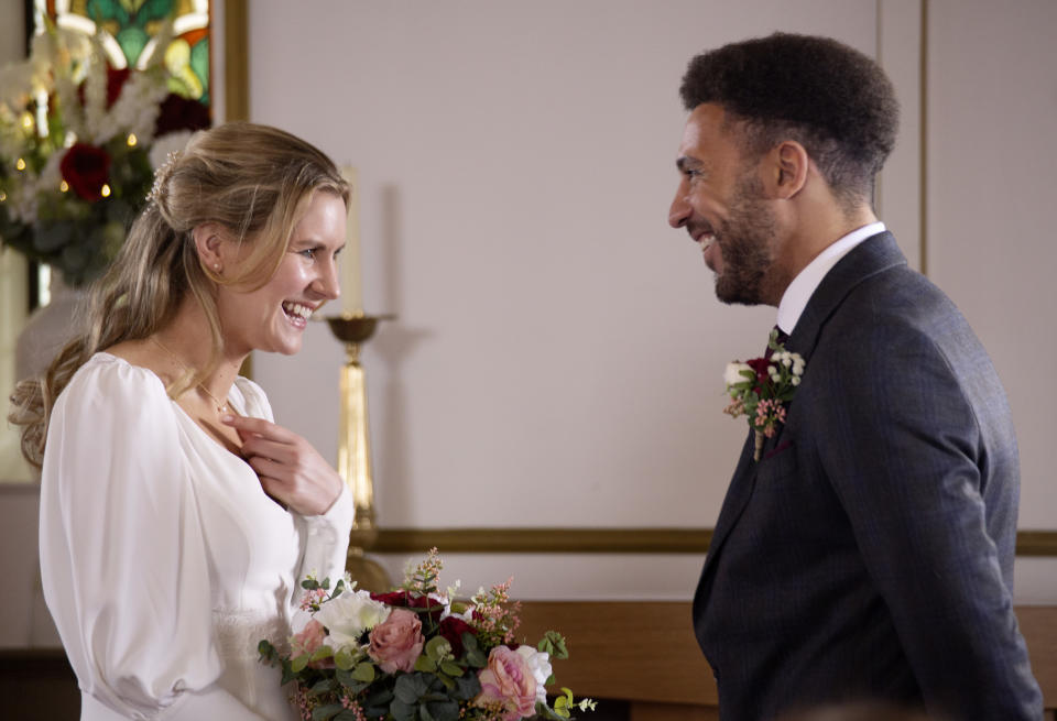 FROM ITV

STRICT EMBARGO
Print media - No Use Before Tuesday 8th February 2022
Online Media - No Use Before 0700hrs Tuesday 8th February 2022

Emmerdale - Ep 9286

Monday 14th February 2022

Billy Fletcher [JAY KONTZLE] and Dawn Taylor [OLIVIA BROMLEY] emotionally exchange their vows and the congregation erupt in joy. But, as everyone makes their way to Home Farm for the reception Billy and Dawn are nowhere to be seen. Could Meena be responsible for this?

Picture contact - David.crook@itv.com

This photograph is (C) ITV Plc and can only be reproduced for editorial purposes directly in connection with the programme or event mentioned above, or ITV plc. Once made available by ITV plc Picture Desk, this photograph can be reproduced once only up until the transmission [TX] date and no reproduction fee will be charged. Any subsequent usage may incur a fee. This photograph must not be manipulated [excluding basic cropping] in a manner which alters the visual appearance of the person photographed deemed detrimental or inappropriate by ITV plc Picture Desk. This photograph must not be syndicated to any other company, publication or website, or permanently archived, without the express written permission of ITV Picture Desk. Full Terms and conditions are available on  www.itv.com/presscentre/itvpictures/terms
