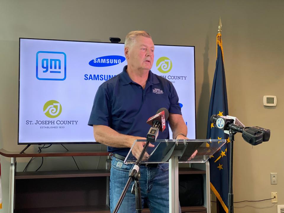 St. Joseph County Commissioner Derek Dieter discusses the announcement earlier in the day that GM and Samsung SDI will build an EV battery plant in New Carlisle at a press conference June 13, 2023, at the chamber's offices in downtown South Bend.