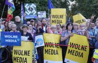 People demonstrate in defense of media freedom in Warsaw, Poland, on Tuesday, Aug. 10, 2021. Poles demonstrated nationwide Tuesday against a bill widely viewed as a effort by the country's nationalist ruling party to silence an independent, U.S.-owned television broadcaster that is critical of the government.(AP Photo/Czarek Sokolowski)