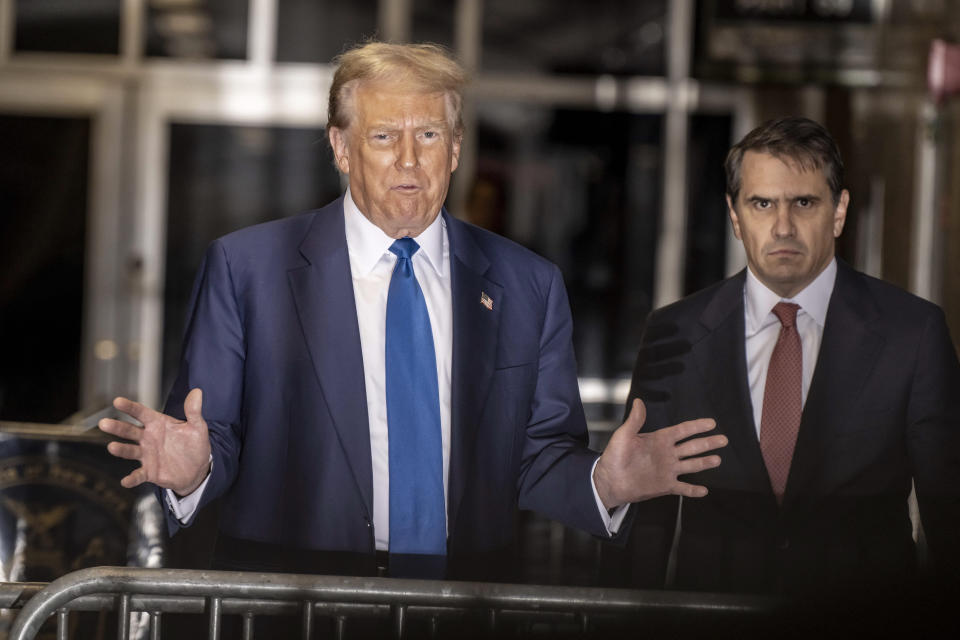 Former President Donald Trump arrives at Manhattan criminal court in New York, on Friday, May 3, 2024. (Mark Peterson/Pool Photo via AP)