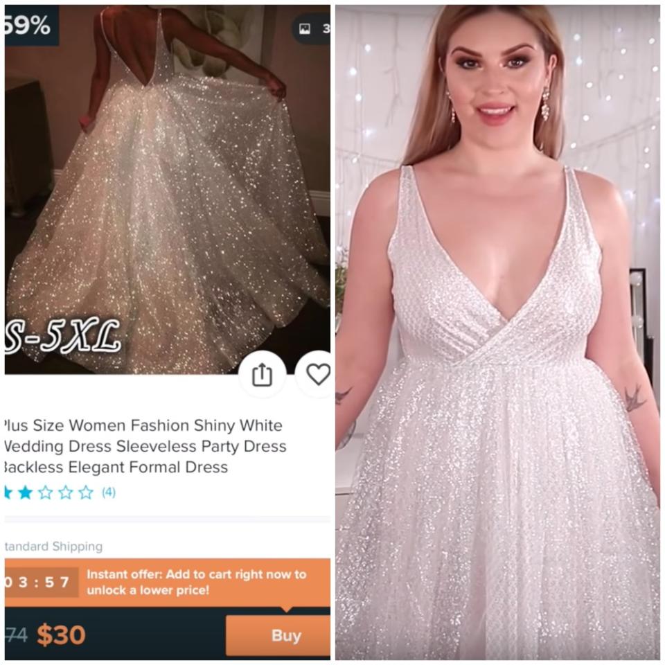 Kleid Nummer 1: Shannon Harris probierte eine Reihe von Brautkleidern von Wish an. Foto: YouTube/Shannon Harris