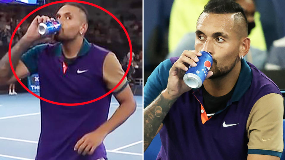Nick Kyrgios, pictured here sipping on a Pepsi during his match at the Australian Open.