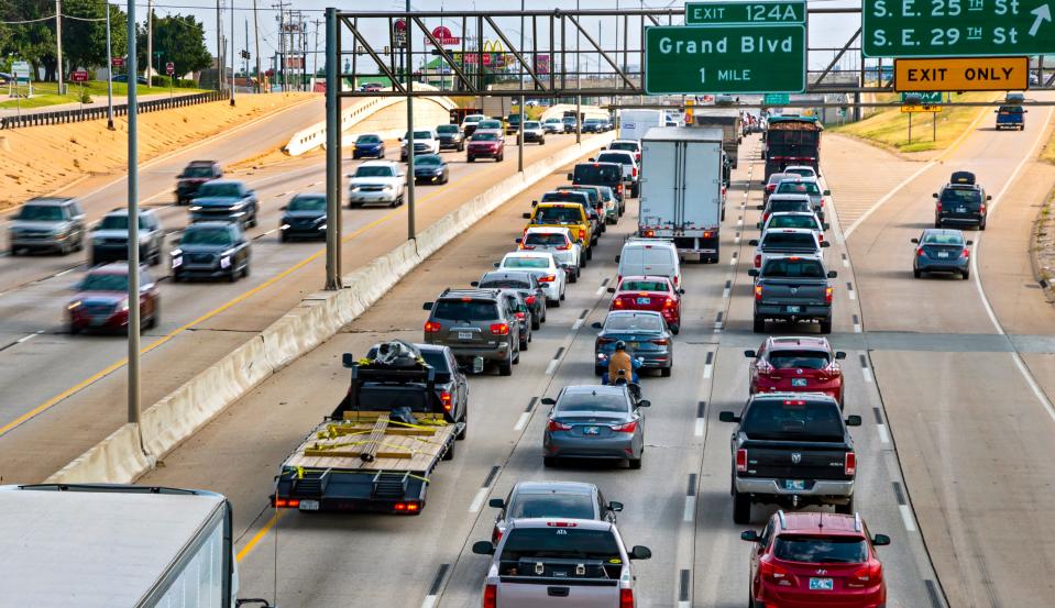 Rush hour traffic makes its way along Interstate 35 near SE 20 on Aug. 5, 2021, in Oklahoma City.