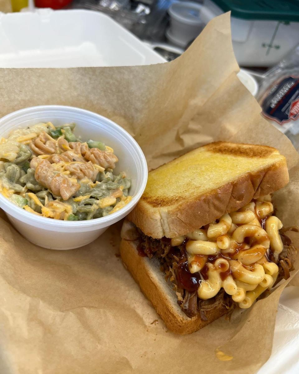 All of the Top Bun food truck menu items have a Top Gun theme referencing call signs from the original movie. The Maverick is a pulled pork sandwich topped with mac and cheese and homemade barbecue sauce on Texas toast. Owner Denton Hickman was determined to put it on the menu.
