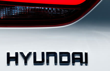 FILE PHOTO: The Hyundai logo is seen during the first press day of the Paris auto show, in Paris, France, October 2, 2018. REUTERS/Regis Duvignau