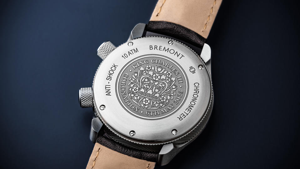 A look at the Bremont MBII King Charles III Limited Edition stainless-steel case back, donning the King’s Coronation Emblem.