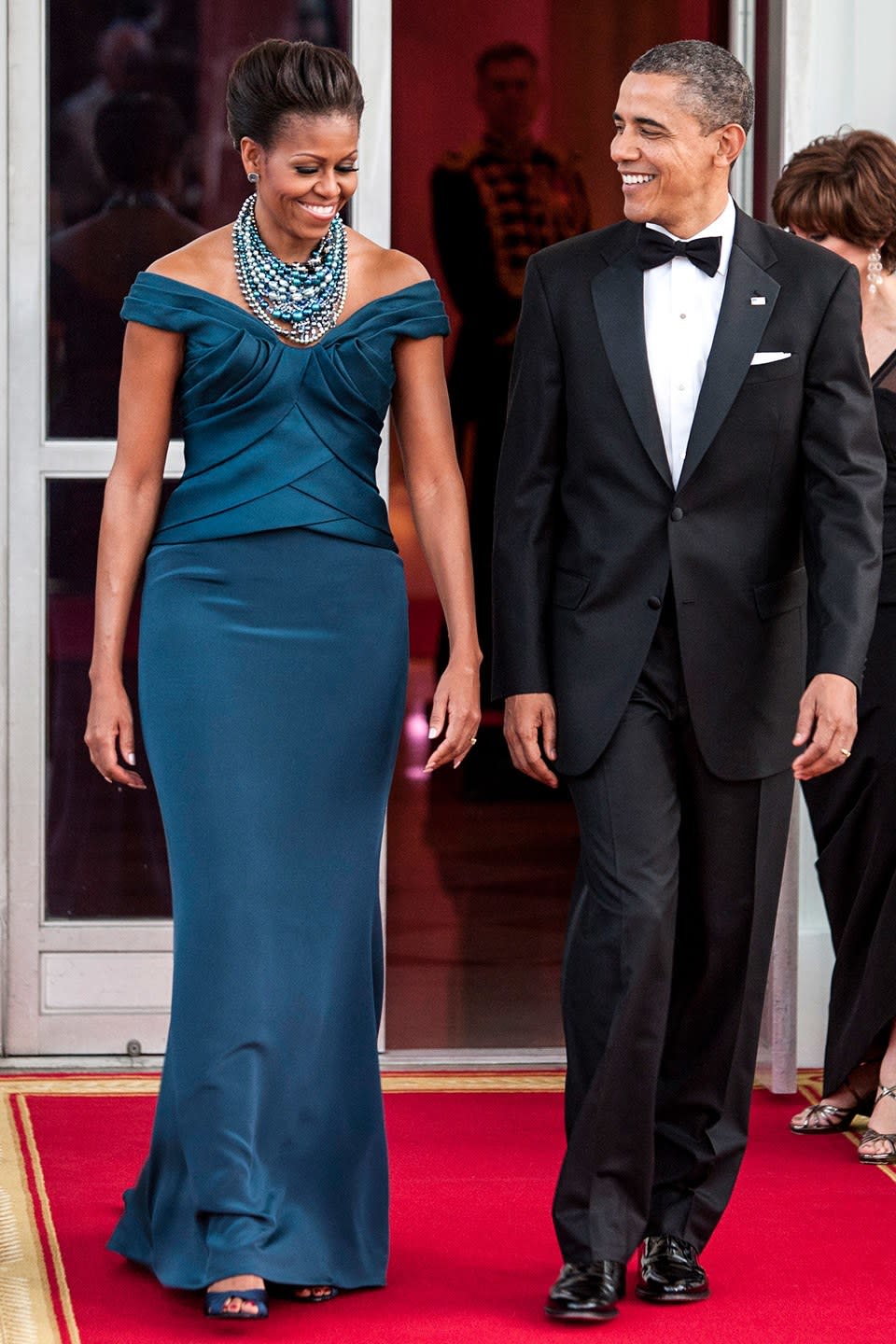 <p>At the 2012 state dinner for the U.K. wearing Marchesa.</p>