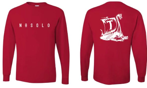 Two teachers are leading the effort to purchase these red long sleeve NOSOLO shirts for all students and teachers at Thompson Middle School.