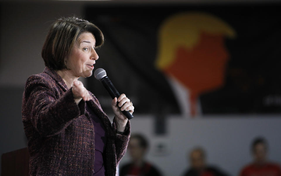 Democratic presidential candidate Sen. Amy Klobuchar, D-Minn., speaks at a culinary workers union hall Saturday, Jan. 11, 2020, in Las Vegas. (AP Photo/John Locher)