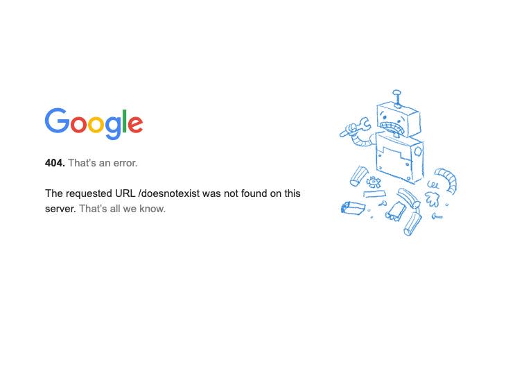 A 404 error on Google Chrome.