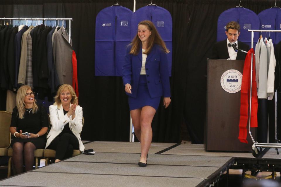 A fashion show of FDU students wearing clothes that are found at the Career Closet during an opening of the Career Closet at Fairleigh Dickinson University in Madison, NJ on May 5, 2022.