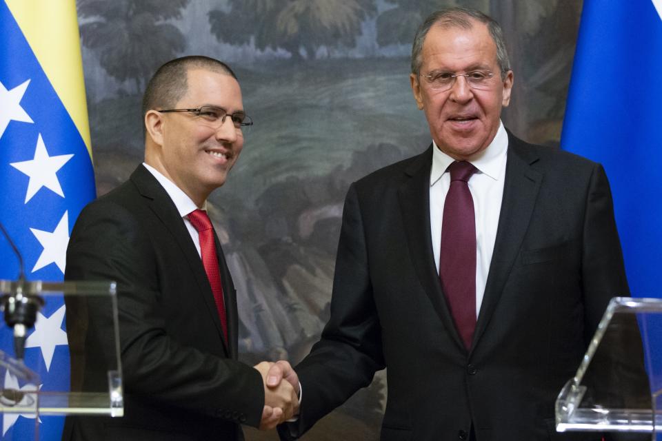 Russian Foreign Minister Sergey Lavrov, right, and Venezuelan Foreign Minister Jorge Arreaza shake hands after their joint news conference following the talks in Moscow, Russia, Sunday, May 5, 2019. Lavrov meets with his Venezuelan counterpart on Sunday, a day before Lavrov is to meet the US secretary of state amid growing tensions over the Venezuela crisis. (AP Photo/Alexander Zemlianichenko)