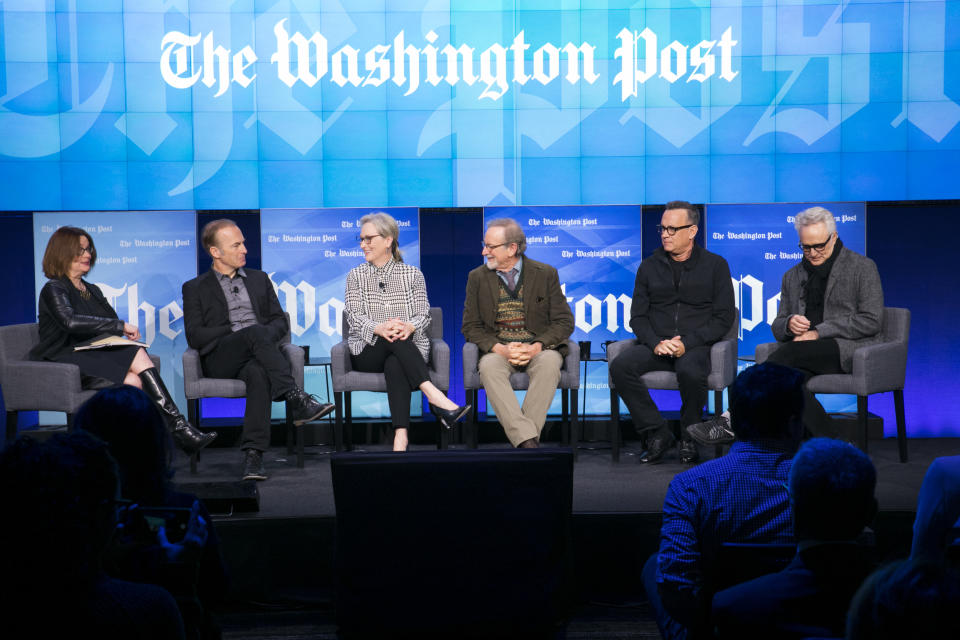 Bob Odenkirk, Meryl Streep, Steven Spielberg, Tom Hanks, and Bradley Whitford participate in a discussion about the film, The Post