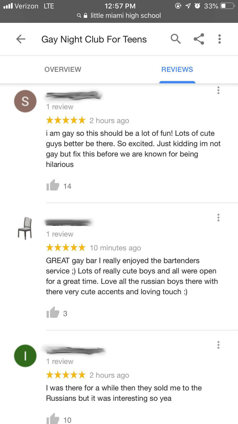 More reviews left on the school’s hacked Google page. (Image: Kayla Hayden)