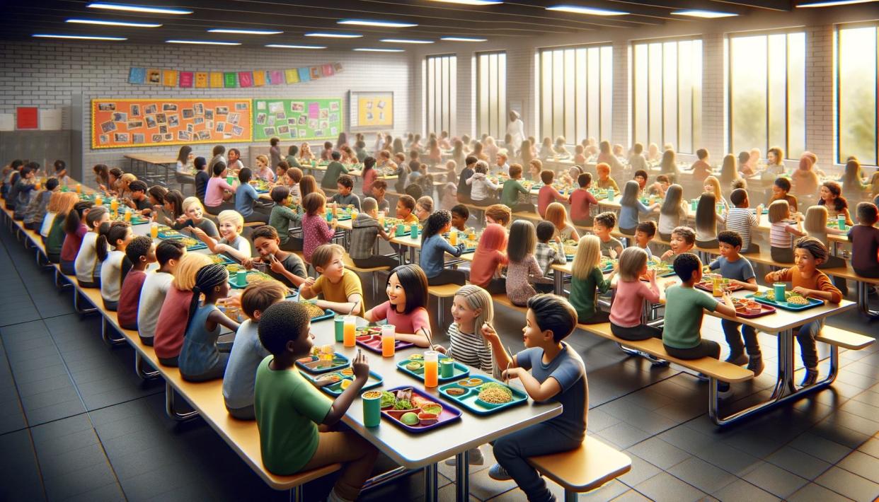 AI-generated image of children eating in a cafeteria