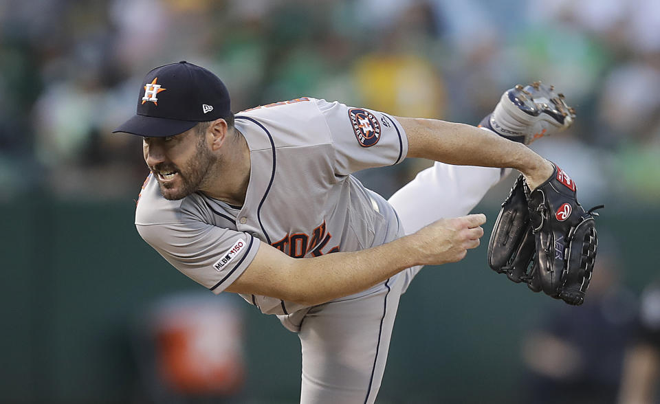 Houston Astros pitcher Justin Verlander works against the Oakland Athletics during the first inning of a baseball game Friday, Aug. 16, 2019, in Oakland, Calif. (AP Photo/Ben Margot)