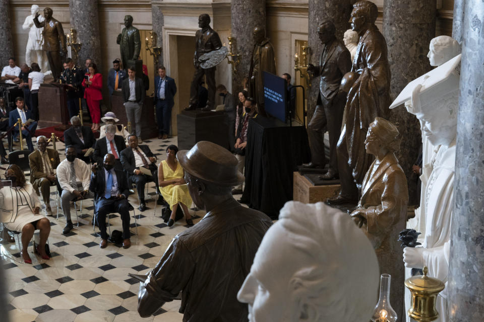 A statue of Mary McLeod Bethune, far right, is seen among the other statues in Statuary Hall, Wednesday, July 13, 2022, during a ceremony unveiling the new statue at the U.S. Capitol in Washington. Civil rights leader and trailblazing educator Bethune on Wednesday became the first Black person elevated by a state for recognition in the Capitol's Statuary Hall. (AP Photo/Jacquelyn Martin)