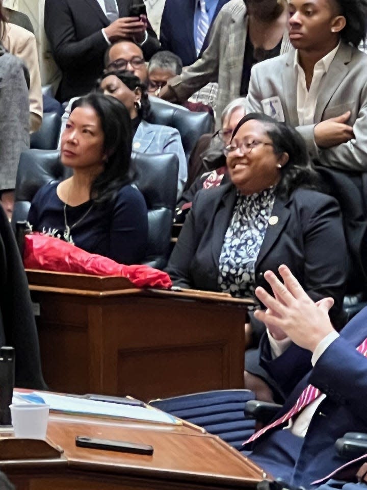 In this file photo, Del. Sheree Sample-Hughes, D-Wicomico/Dorchester, smiles during the opening proceedings of the Maryland General Assembly session in Annapolis on Jan. 10, 2024.