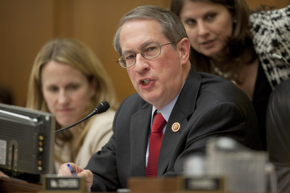 House Judiciary Committee Chairman Rep. Bob Goodlatte (R-Va.) speaks on Capitol Hill in Washington, Wednesday, May 15, 2013, as Attorney General Eric Holder testified before committee's oversight hearing on the Justice Department. Holder told the committee that a serious national security leak required the secret gathering of telephone records at The Associated Press as he stood by an investigation in which he insisted he had no involvement. (AP Photo/Carolyn Kaster)