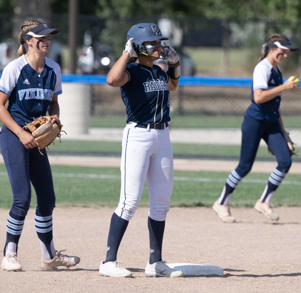 Central Catholic’s Jazmarie Roberts lands at second with a double during the Northern California Regional Division III semifinal playoff game with Pleasant Valley at Central Catholic High School in Modesto, Calif., Thursday, June 1, 2023.