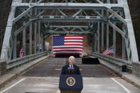 President Joe Biden speaks during a visit to the NH 175 bridge over the Pemigewasset River to promote infrastructure spending Tuesday, Nov. 16, 2021, in Woodstock, N.H. (AP Photo/Evan Vucci)