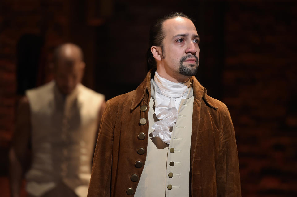 NEW YORK, NY - FEBRUARY 15:  Actor, composer Lin-Manuel Miranda is seen on stage during 'Hamilton' GRAMMY performance for The 58th GRAMMY Awards at Richard Rodgers Theater on February 15, 2016 in New York City.  (Photo by Theo Wargo/WireImage)