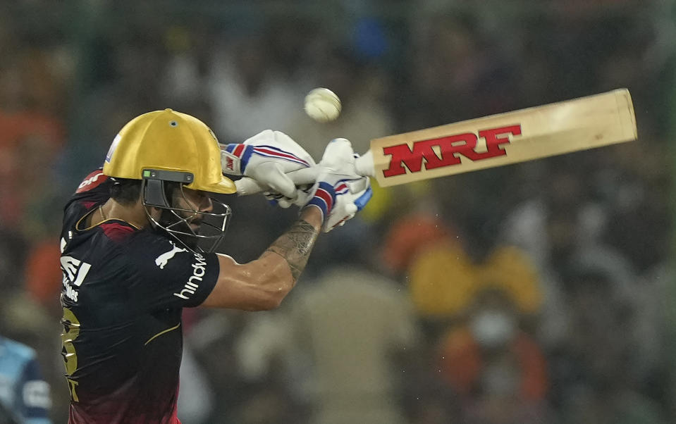 Royal Challengers Bangalores' Virat Kohli plays a shot during the Indian Premier League cricket match between Sunrisers Hyderabad and Royal Challengers Bangalore in Hyderabad, India, Thursday, May 18, 2023. (AP Photo/Mahesh Kumar A.)