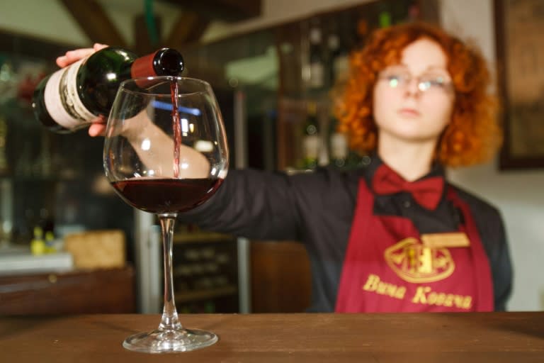 A bartender pours a glass of wine for tourists during a tasting session as Ukraine's revived wine industry is also boosting tourism