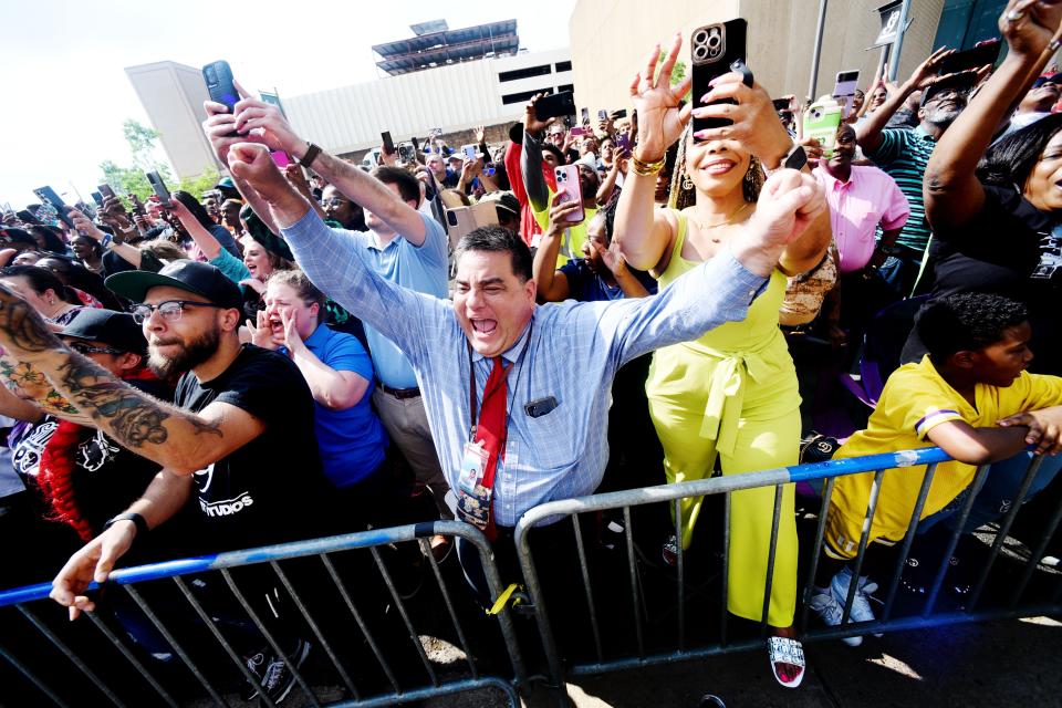 Dave Knadler reacts as Curtis “50 Cent” Jackson, attends the press conference in front of Government Plaza to sign the lease for G-Unit Studios in Shreveport Thursday afternoon, April 18, 2024.