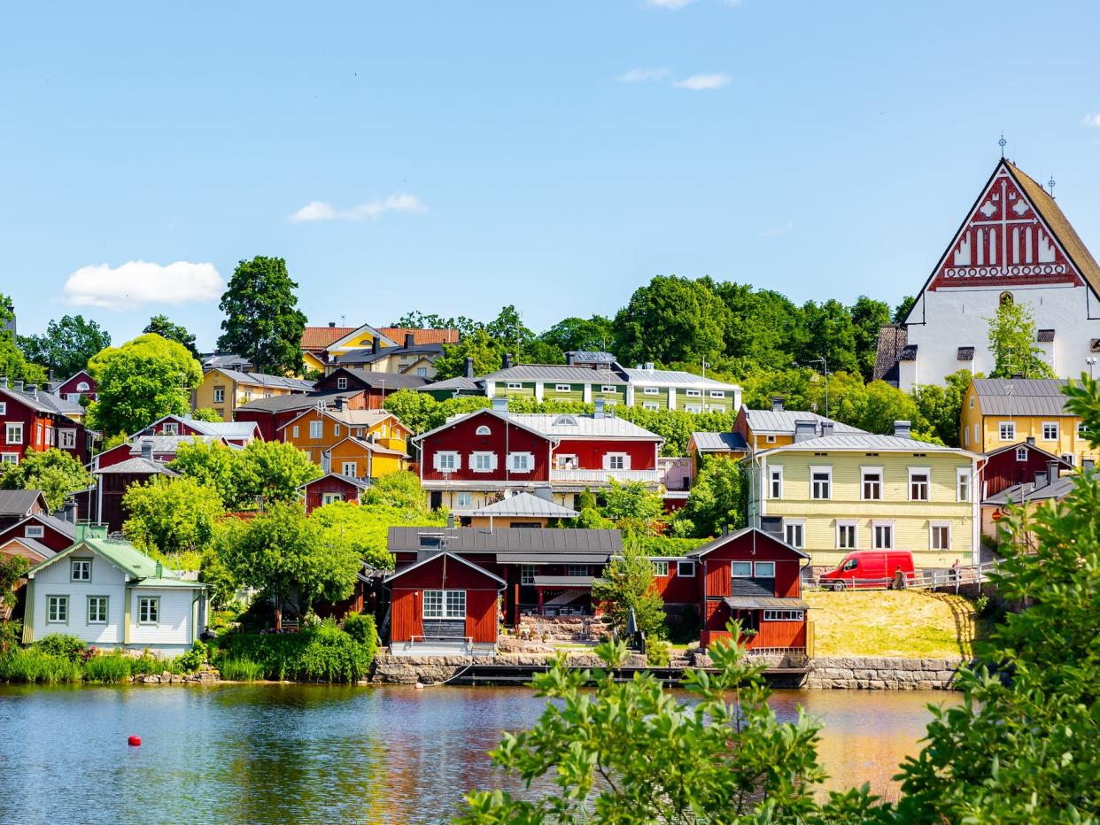 red and yellow houses on a hill in Porvoo in Finland.