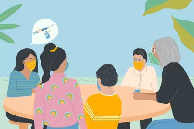 An illustration of a family talking about the COVID vaccine.