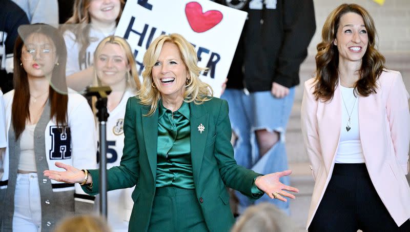 First lady Jill Biden reacts as she greets teachers as she and U.S. Surgeon General Vivek Murthy and first lady of Utah Abby Cox visit Hunter High School in West Valley City on Tuesday, Jan. 16, 2024.