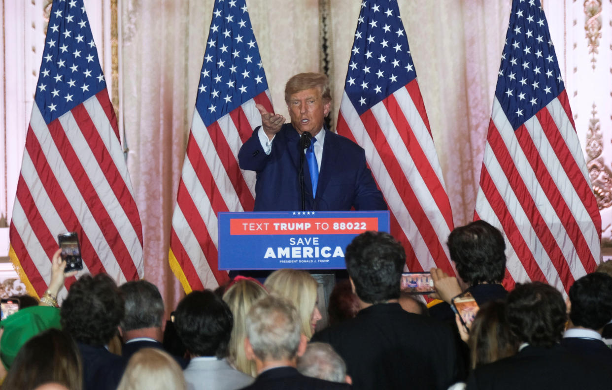 Former U.S. President Donald Trump speaks at his Mar-a-Lago resort on the night of the 2022 U.S. midterm elections in Palm Beach, Florida, U.S., November 8, 2022.  REUTERS/Ricardo Arduengo