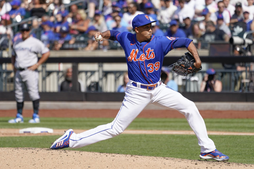 New York Mets closer Edwin Diaz delivers against the Miami Marlins during the ninth inning of a baseball game, Sunday, July 10, 2022, in New York. (AP Photo/Mary Altaffer)