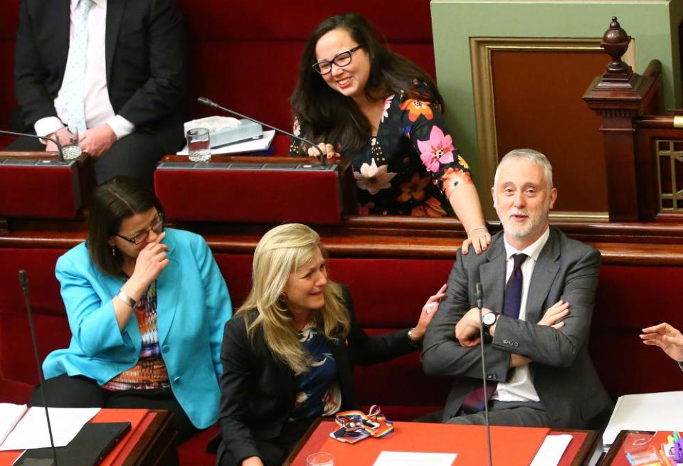 Gavin Jennings MP is congratulated as the voluntary assisted dying bill passes the upper house of Victoria’s parliament.