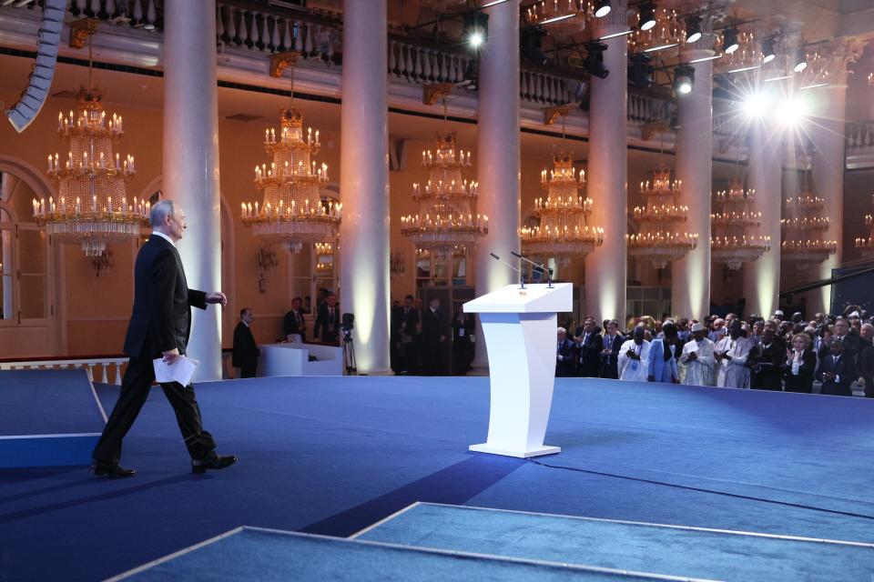 Russian President Vladimir Putin arrives to deliver his speech at an annual extended meeting of the Board of the Russian Interior Ministry in Moscow, Russia, Monday, March 20, 2023. (Gavriil Grigorov, Sputnik, Kremlin Pool Photo via AP)