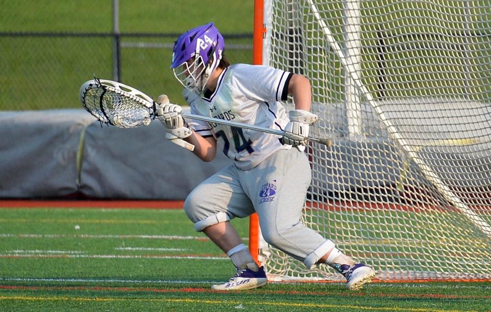 Smithsburg's Zak von Garrell makes a save during the Leopards' 9-2 victory over Liberty in the Maryland Class 1A state quarterfinals Wednesday at Callas Stadium.