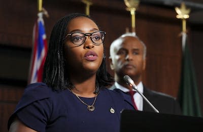 Liberal MP Arielle Kayabaga speaks as she joins Ahmed Hussen, minister of housing and diversity and inclusion, at a news conference in Ottawa in October 2022 on support for Black community initiatives. THE CANADIAN PRESS/Sean Kilpatrick