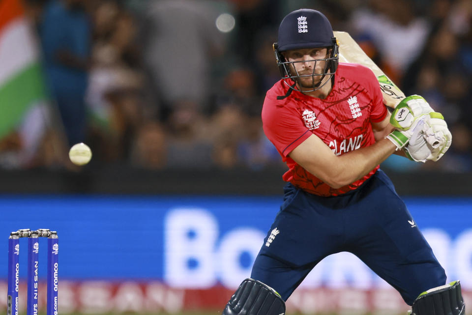 England's Jos Buttler bats during the T20 World Cup cricket semifinal between England and India in Adelaide, Australia, Thursday, Nov. 10, 2022. (AP Photo/James Elsby)