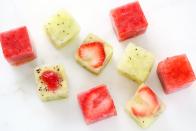 <p>All you have to do to make these pretty cubes is mash your favorite fruit, mix with lemonade and freeze them in an ice tray. Add them to seltzer or still water — even white wine — for added flavor. Bonus points if you cut your strawberries into heart-shaped slices. </p>