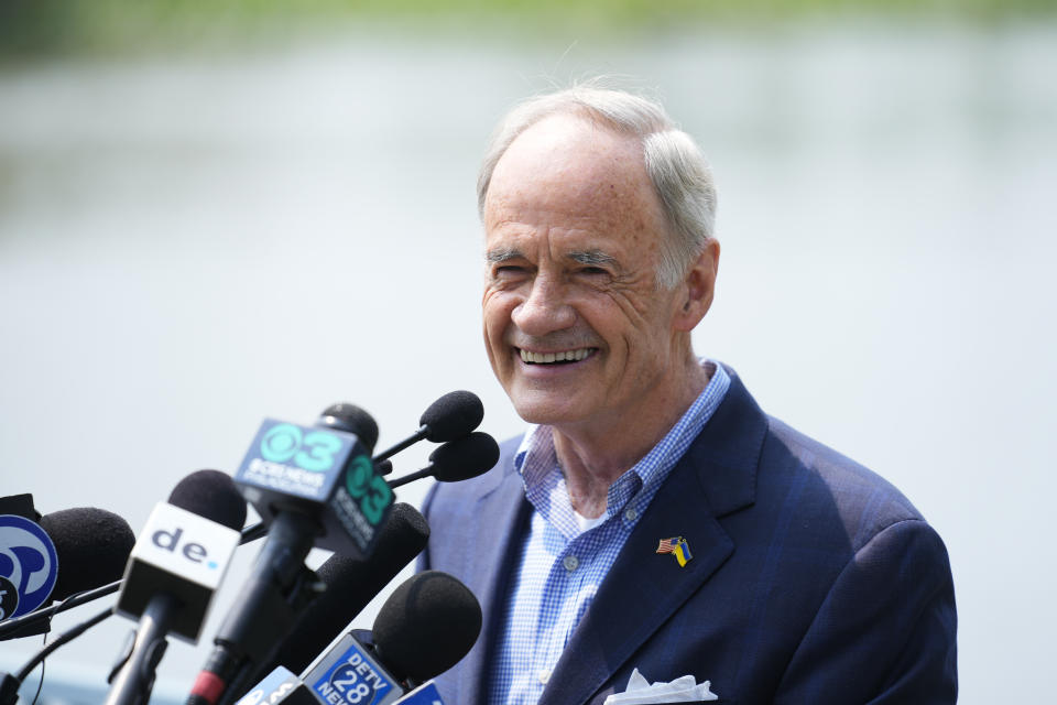 Sen. Tom Carper, D-Del., speaks during a news conference in Wilmington, Del., Monday, May 22, 2023. Carper announced Monday that he will not seek re-election to a fifth term in the U.S. Senate. (AP Photo/Matt Rourke)