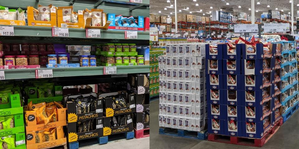 Packages of nuts on shelves at BJ's and nuts in boxes at Costco