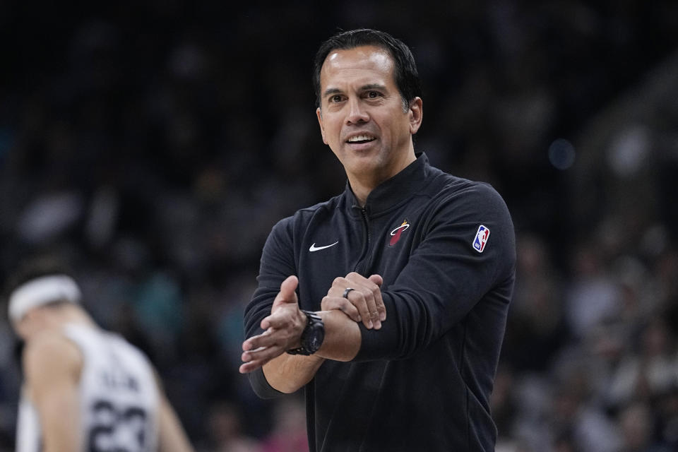 Miami Heat head coach Erik Spoelstra questions a call during the second half of an NBA basketball game against the San Antonio Spurs in San Antonio, Sunday, Nov. 12, 2023. (AP Photo/Eric Gay)