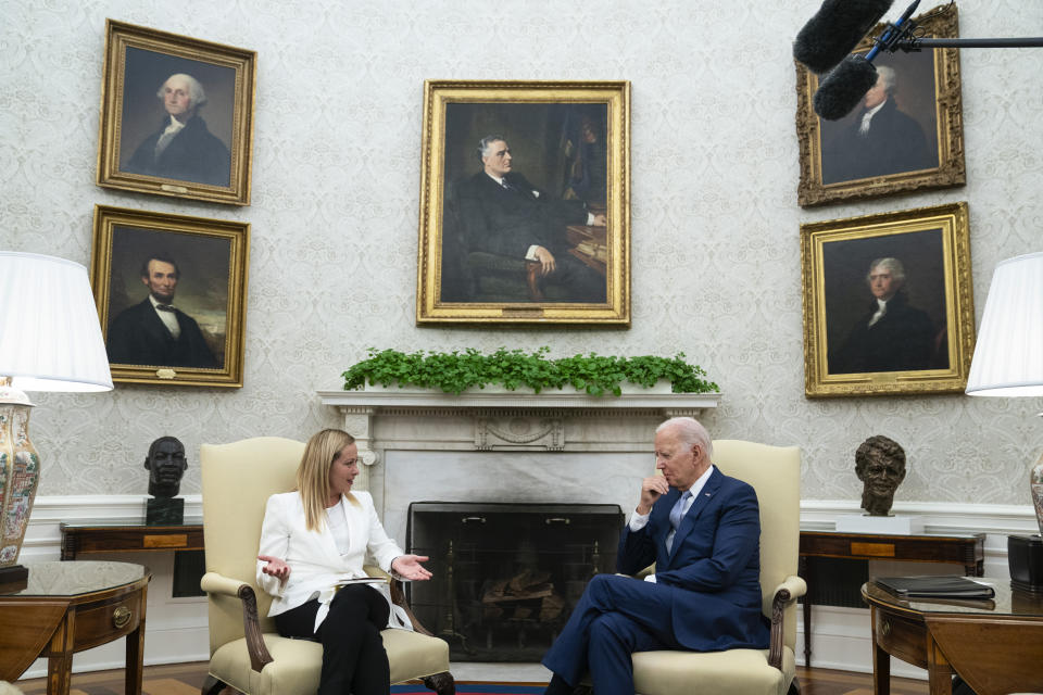 President Joe Biden meets with Italian Prime Minister Giorgia Meloni in the Oval Office of the White House, Thursday, July 27, 2023, in Washington. (AP Photo/Evan Vucci)